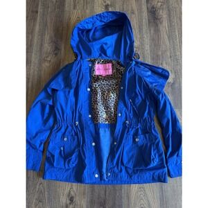 Betsey Johnson Blue Hooded Rain Jacket Windbreaker Leopard Print